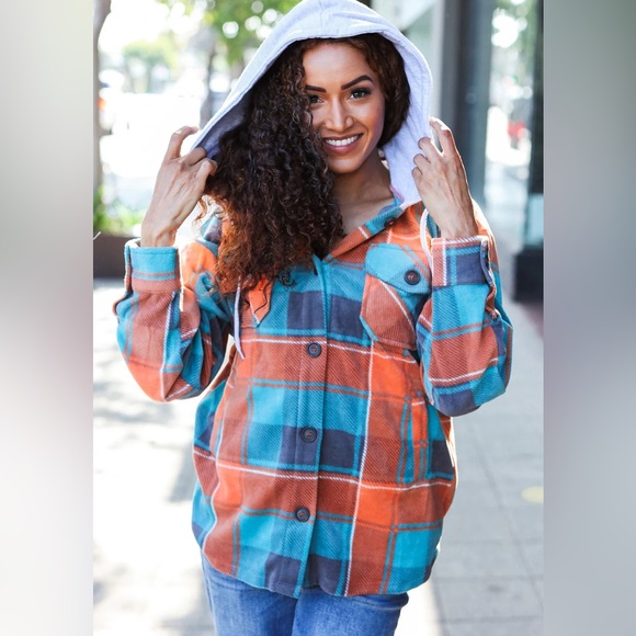 Tops - Teal Blue, & Orange Plaid Button Down Hooded Flannel, Medium Shacket, USA Made
